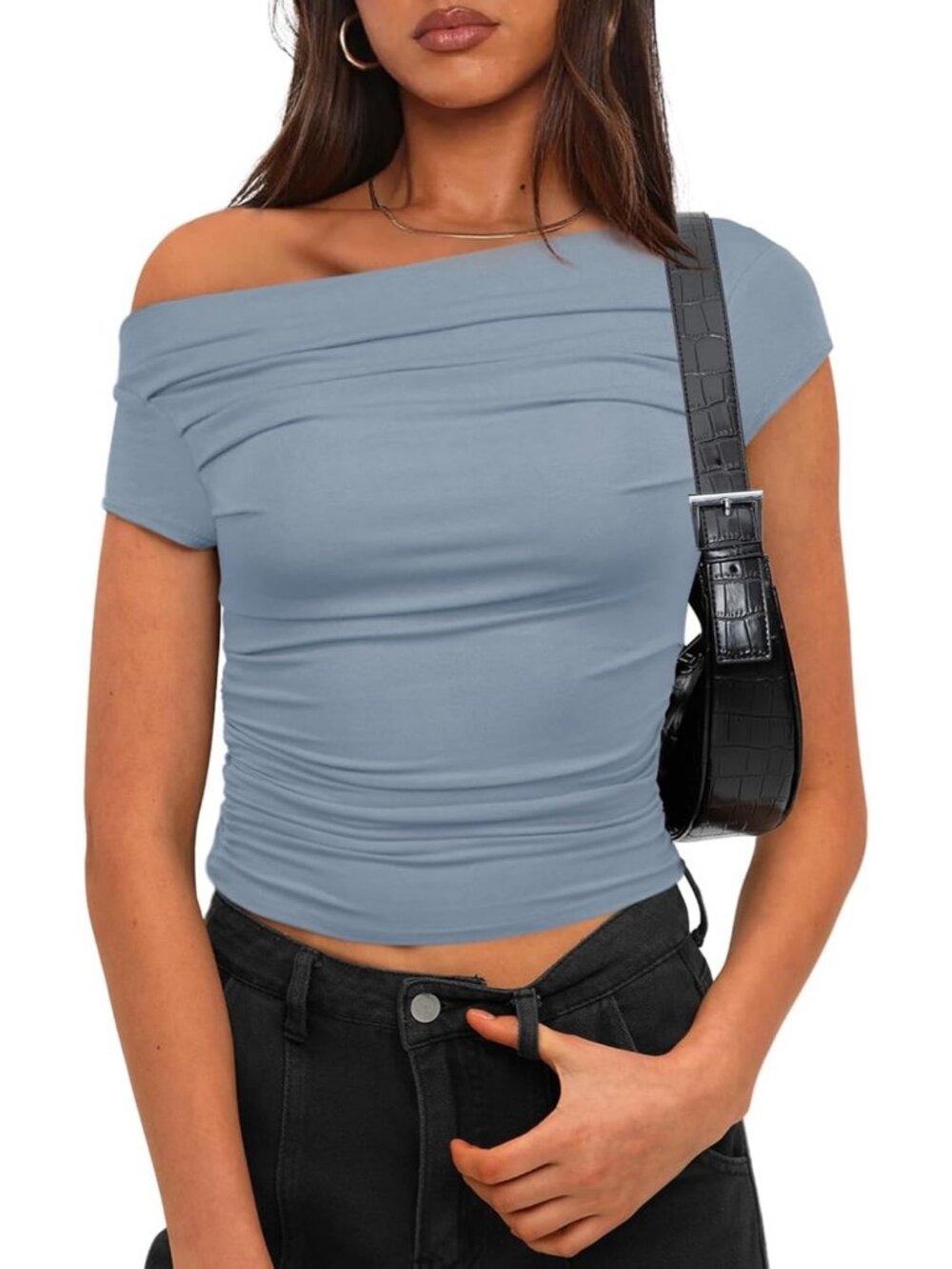 Women's Grey Blue Cap Sleeve Neck Off Shoulder Top Slim Fit Summer Y2K Shirts